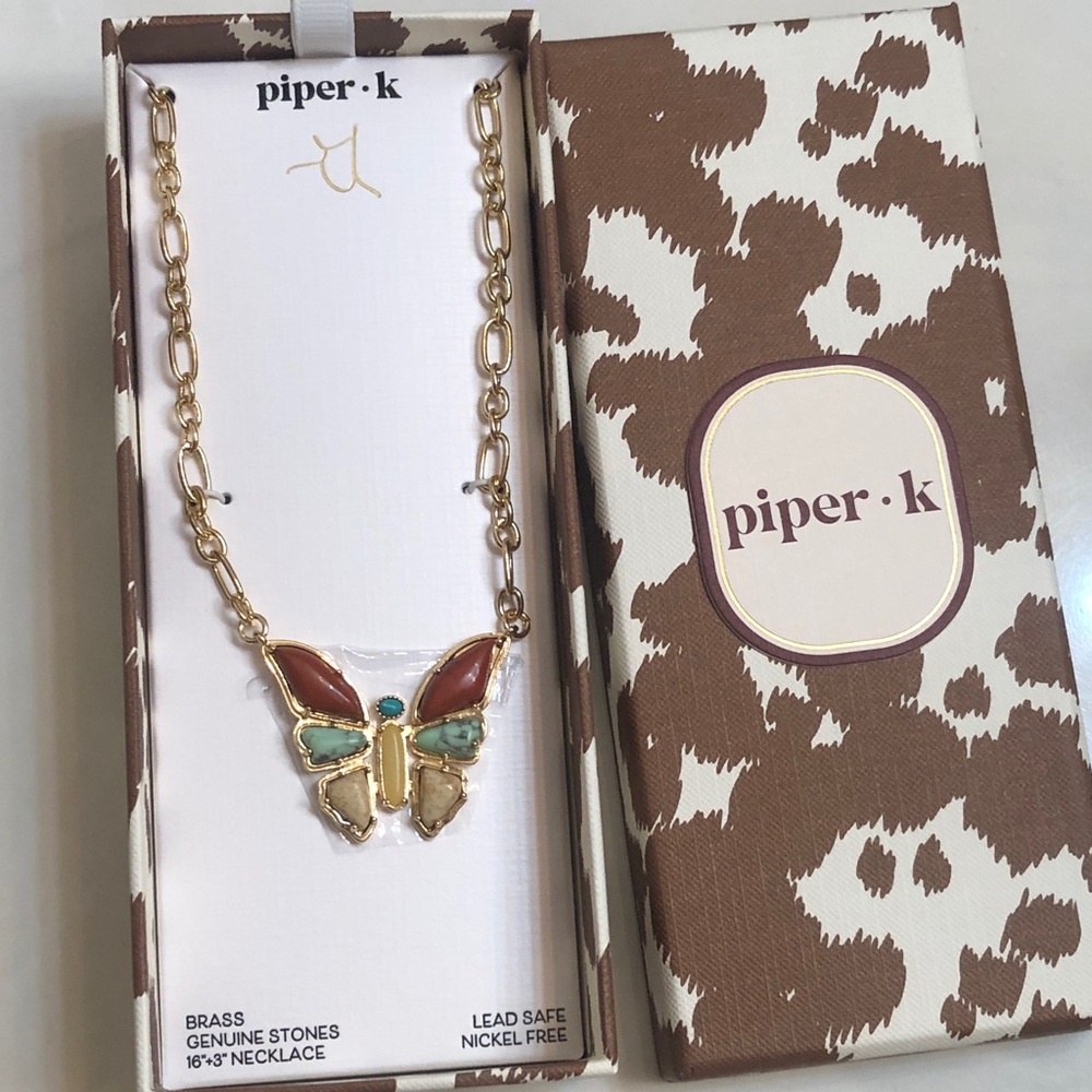 Piper K Gold Tone Mixed Link Necklace Butterfly Pendant Semi Precious Stones NIB